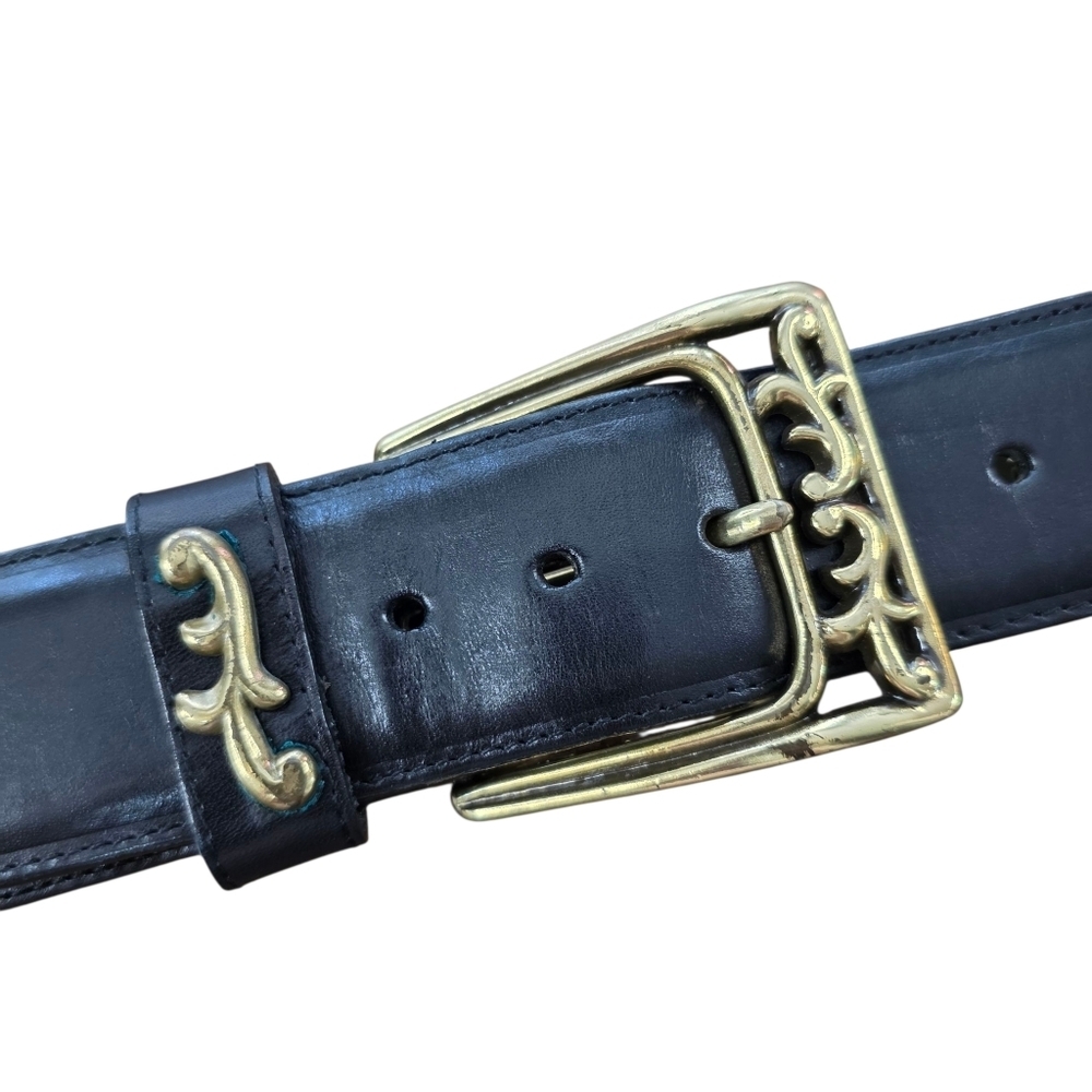 Brighton Black Leather Scroll Link Belt Gold Tone Accents Size M Style 49013 USA - Picture 3 of 11